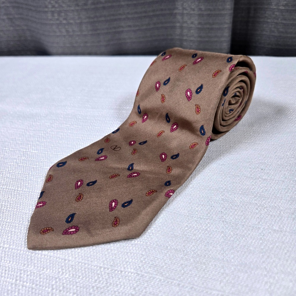 Vtg Valentino 843 Cravatte Silk Tie Brown Paisley Italian Handmade Mens Wallachs